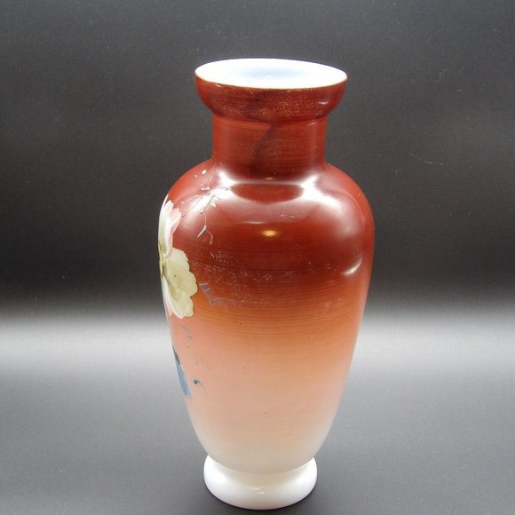 Antique Hand Painted Bristol Glass Vase Red Burgundy Umber with White Flower 9" - Picture 4 of 10